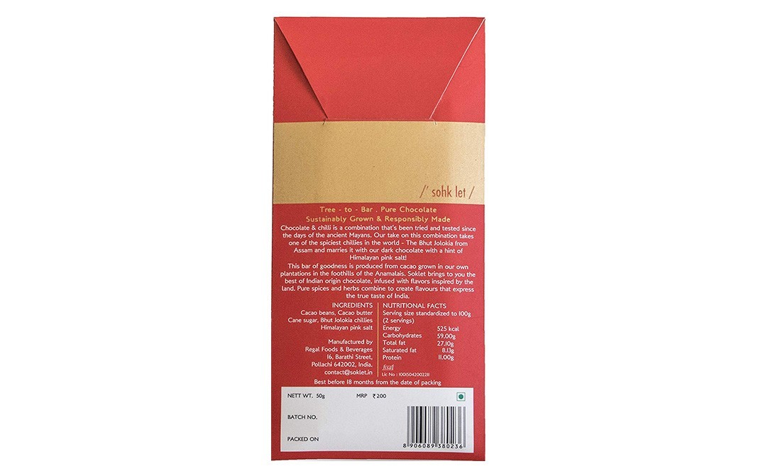 Soklet 70% Dark Chocolate, Bhut Jolokia Chilli . Himalayan Salt   Pack  50 grams